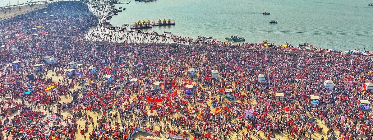 Millions of devotees taking a holy dip in the Ganga at Maha Kumbh Mela 2025, Prayagraj.