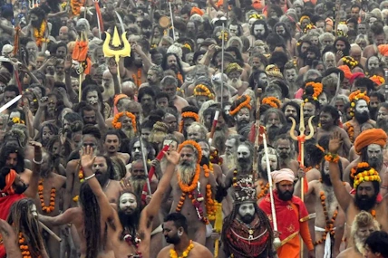 Naga Sadhus marching in a grand procession for Shahi Snan at Maha Kumbh 2025.